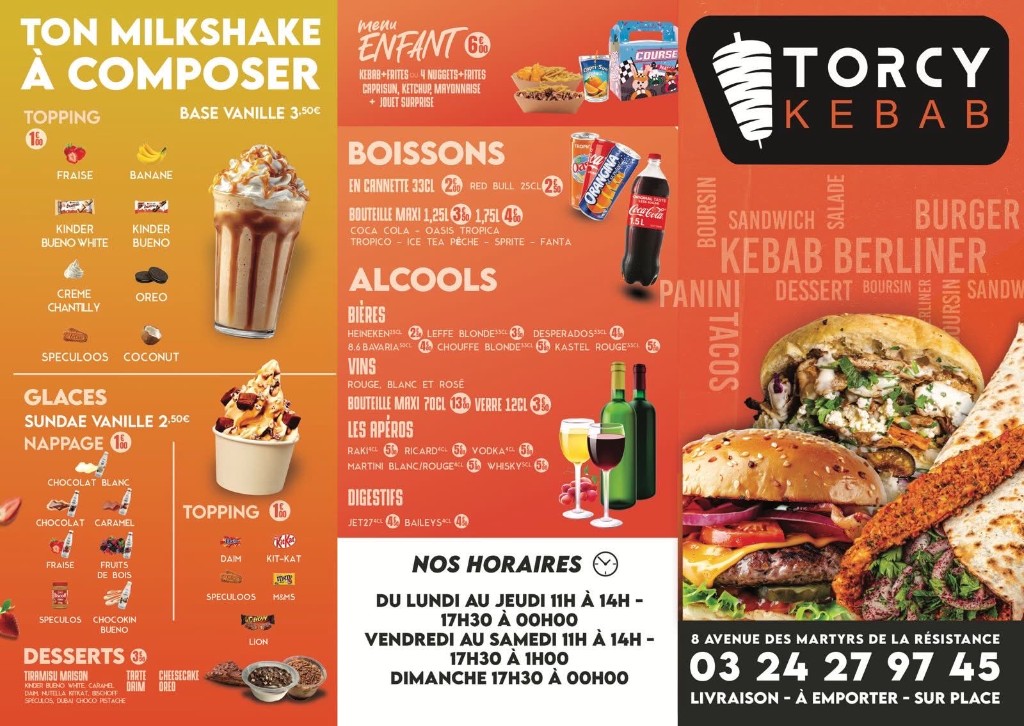 Carte menu Kebab torcy — desserts, boissons, menu enfant et horaires