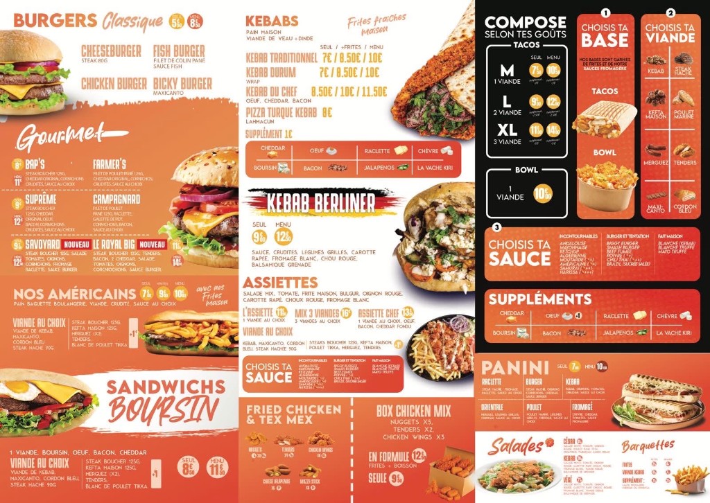 Carte menu Kebab torcy — kebabs, burgers, tacos, assiettes et plus